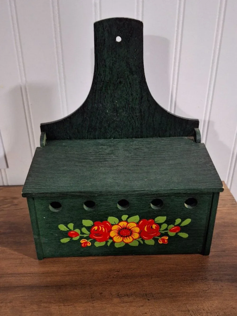 Vintage Wooden Wall Kitchen Box Recipe Green Floral Painted Cottagecore Storage
